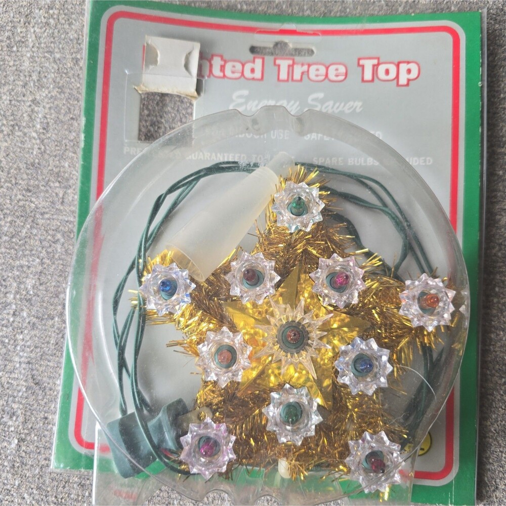 Vintage Lighted Gold Tinsel Christmas Tree Topper Multicolor Jewel Star Lights